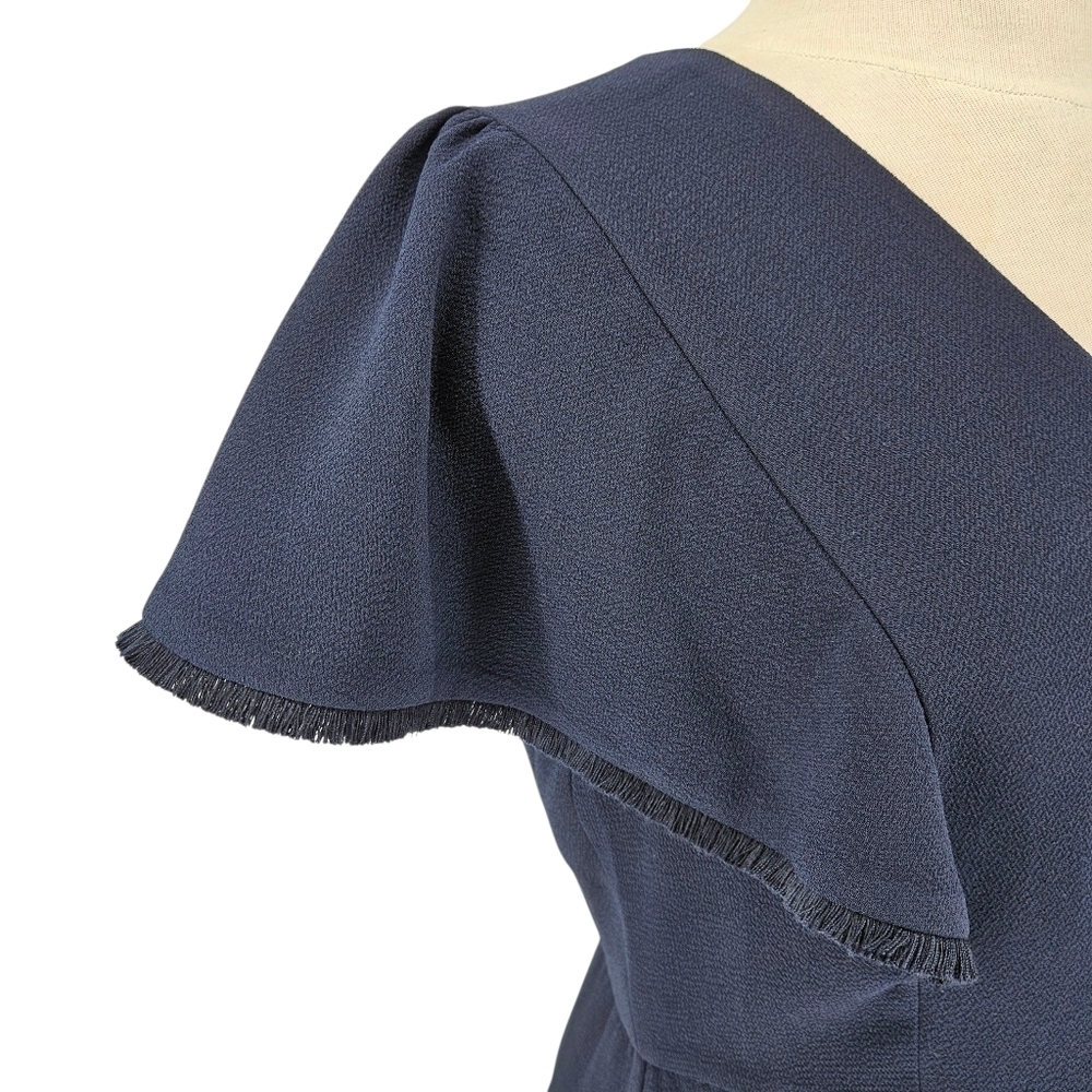 Ann Taylor LOFT Fit Flare Dress Navy Blue Fringe Short Sleeve V Neck 8 - Picture 4 of 9
